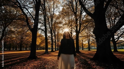 Woman Walking Through Autumn Park at Sunset