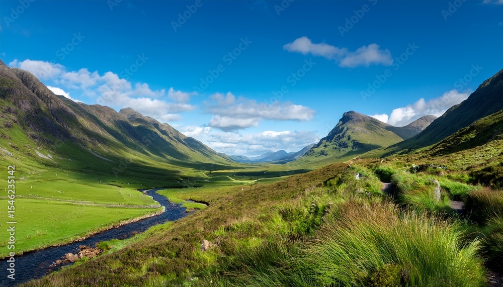 Fototapeta premium majestic scottish highlands a serene green valley under a blue sky