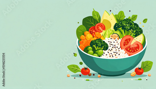 Vibrant bowl of fresh vegetables, rice, and seeds on clean pastel background