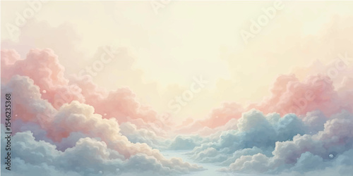 Abstract watercolor sky with fluffy white cumulus clouds bathed in bright summer sunlight
