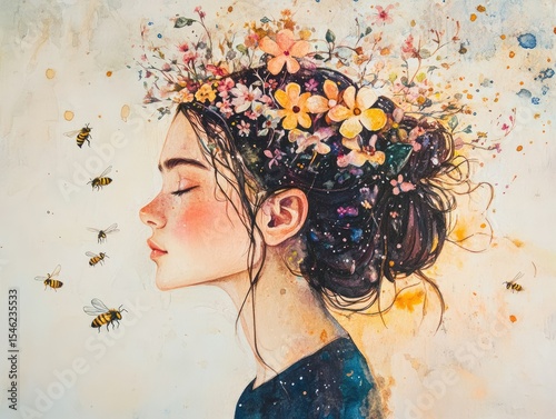 A girl with flowers growing from her hair gazes softly into the distance, as tiny bees orbit her head like a crown, painted in watercolor. 
