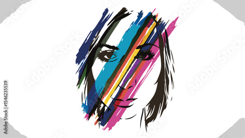 Illustration of a woman's face with colorful diagonal brush strokes across her face and black hair outline