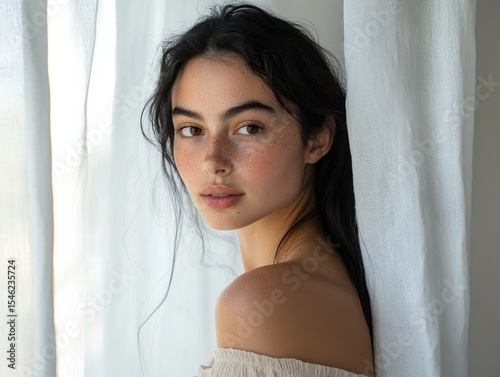 A portrait photograph of a confident young woman with a few freckles and light blemishes