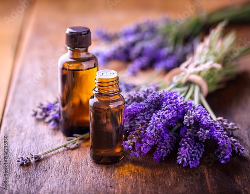 lavender essential oil and fresh lavender flowers on a wooden table