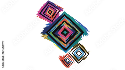 Abstract painting featuring three colorful diamond shapes with brushstroke effects and varying sizes present