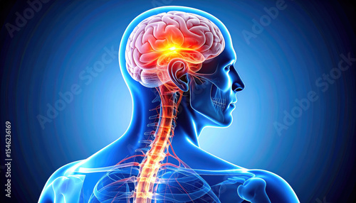 Human brain and spinal cord illustration with glowing neural activity
