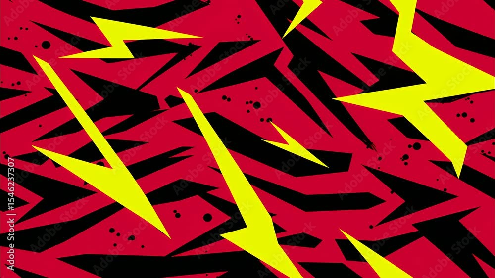 Illustration with sharp yellow lightning shapes over black and red angular background layers
