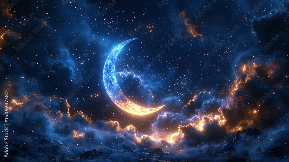Obraz premium Cosmic crescent moon night sky