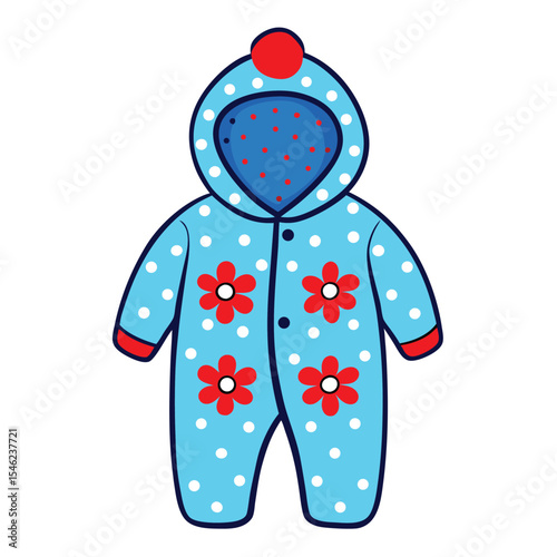 Cute Blue Baby Onesie with Polka Dots and Flowers Cartoon Illustration