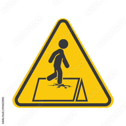 Isolated pictogram warning of fragile roof surface, cautioning workers to use body harness protection on thin and breakable areas