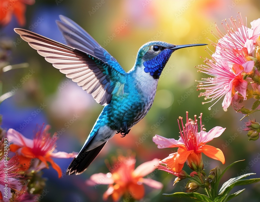 Fototapeta premium a vibrant blue hummingbird in flight surrounded by soft focus flowers creating a serene and magical scene