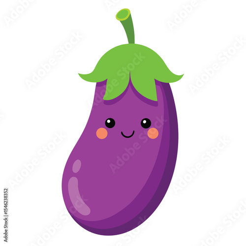 Cute Cartoon Eggplant Illustration with Cheeks and Smile Isolated on White