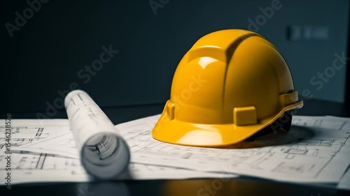 Yellow Hard Hat on Architectural Blueprints