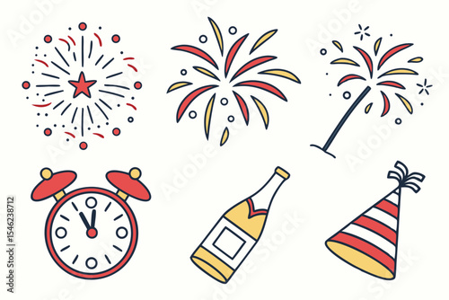 New year eve icons featuring fireworks clock champagne and party hat
