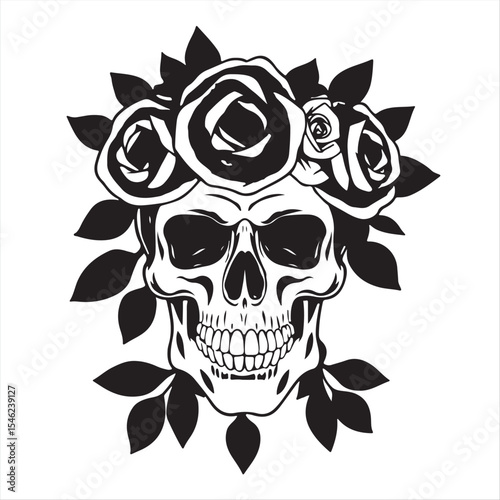 A frontal view, traditional tattoo style print, vibrant colors, retro feel.  Features a black and white human skull silhouette crowned with detailed roses and leaves. 