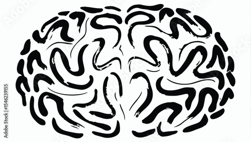 Illustration of a brain composed of black brushstrokes on a white background creating a stylized brain image