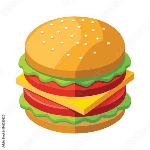 Delicious Burger Illustration with Lettuce, Tomato, and Cheese Slices on a White Background