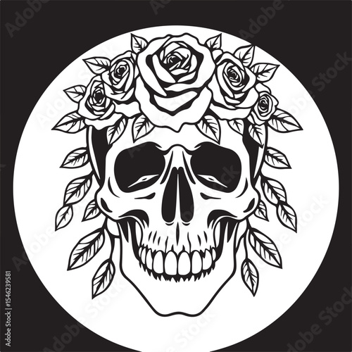 Elegant black and white vector illustration. Frontal view of a human skull silhouette in Isekai anime style, featuring a crown of roses and leaves rendered in bold tattoo line art, no shading.
