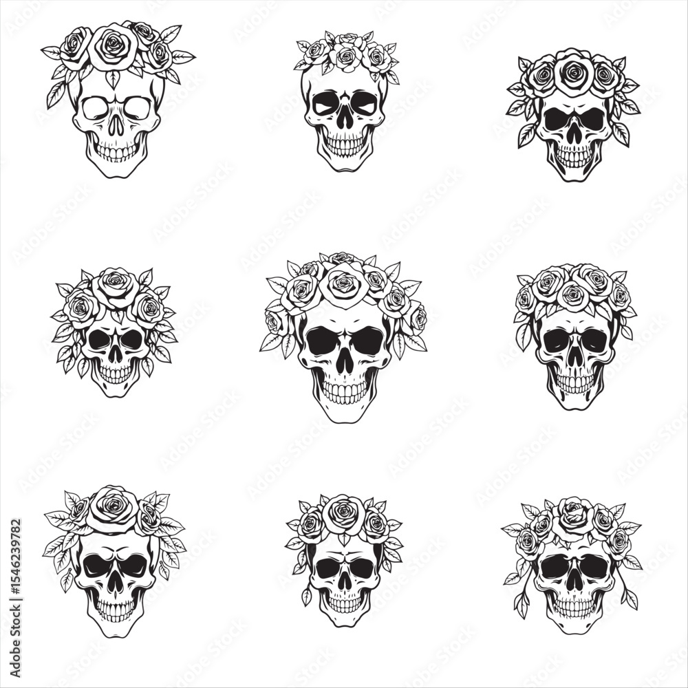 Fototapeta premium set of human Skull with Floral Crown
