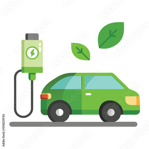 Electric Vehicle Charging with Green Energy Source near Leaves Flat Illustration