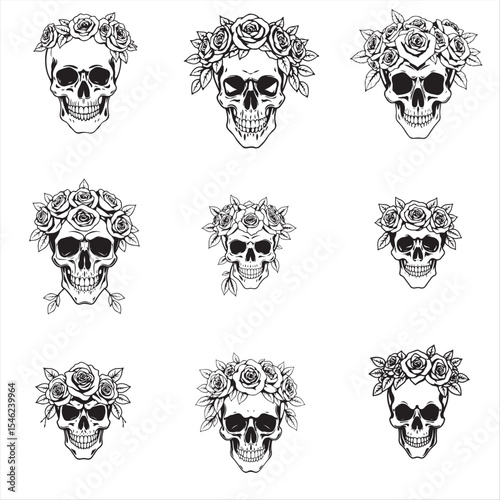 set of human Skull with Floral Crown