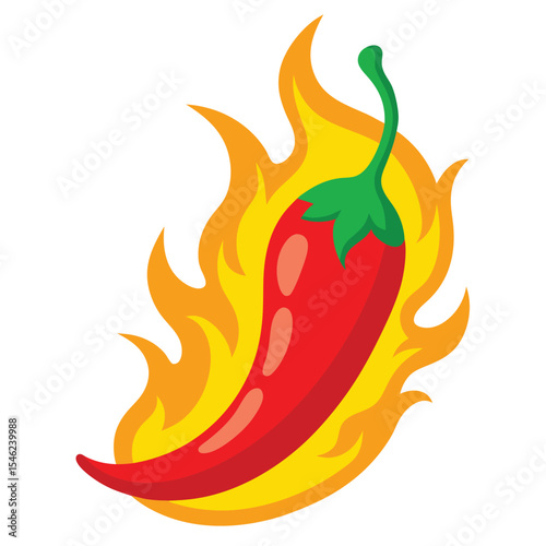 Fiery Red Chili Pepper Illustration Hot Spice Surrounded by Flames Graphic