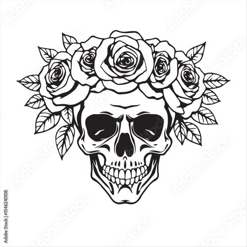 Timeless and elegant, vibrant retro-styled traditional tattoo art print.  Human skull silhouette in black and white, crowned with roses and leaves. 