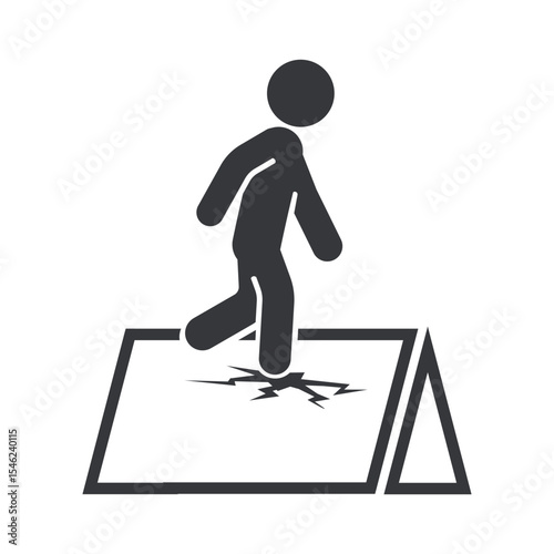 Isolated pictogram warning of fragile roof surface, cautioning workers to use body harness protection on thin and breakable areas