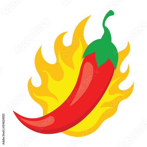 Fiery Red Chili Pepper with Green Stem Engulfed in Blazing Flames Illustration