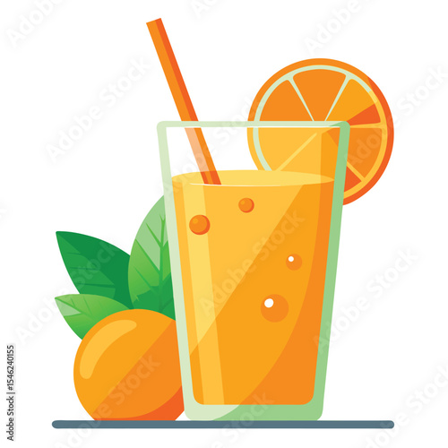 Fresh Orange Juice in Glass with Straw, Slice, and Leaves Illustration