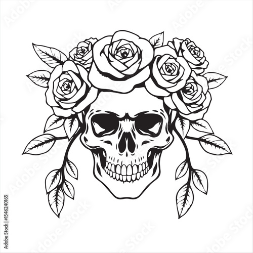 Traditional tattoo art print.  Black and white human skull silhouette, frontal view, crowned with detailed roses and leaves.  