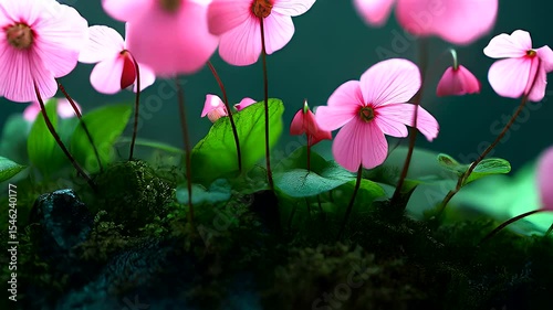 Enchanting Pink Twinleaf Flowers Blooming in Lush Green Moss Garden Close Up