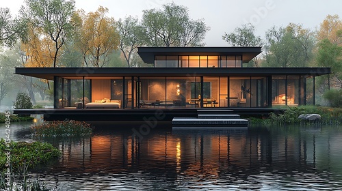 Contemporary house with water reflection high resolution picture