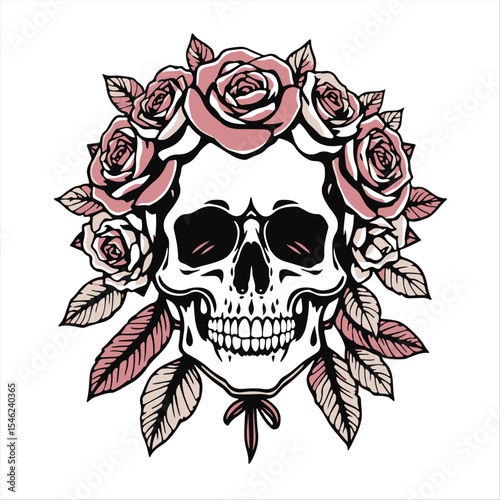 Vector-friendly print, traditional tattoo style.  Black and white human skull silhouette crowned with roses and leaves.  Bold line art, no shading, minimal background. 