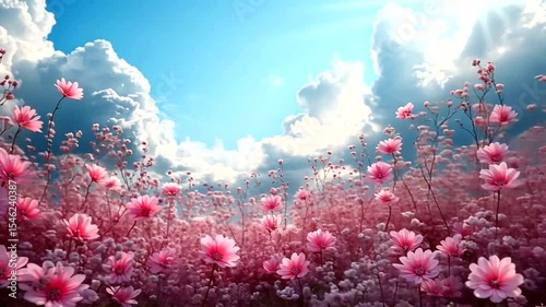 Enchanting Pink Flower Field with Fluffy Clouds against a Blue Sky Backdrop