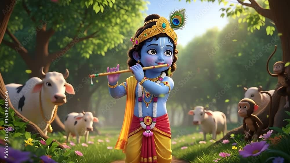 Krishna playing flute in forest animation