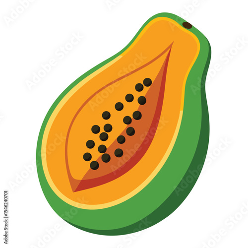 Half Slice of Papaya with Seeds, Depicting Juicy Orange Flesh and Green Skin