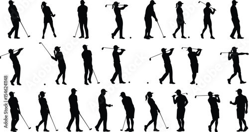 Silhouette collection of golfers in action, various poses and swings, male and female players, golfing activity on white background illustration