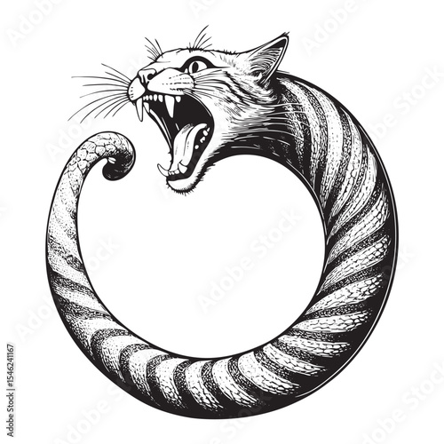 Monochrome illustration of feline Ouroboros, energetic eyes wide open, mouth gripping tail, emphasizing perpetual transformation