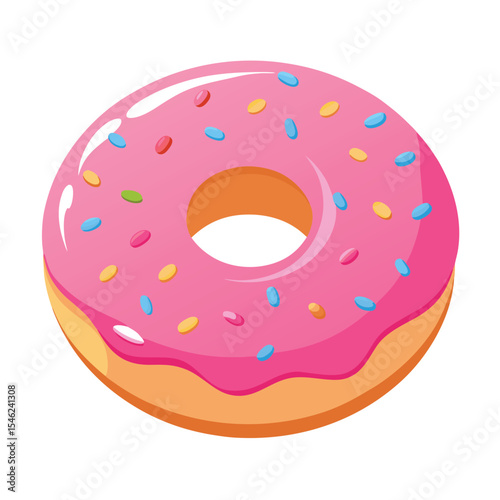 Illustrated Donut with Pink Frosting and Colorful Sprinkles on a White Background