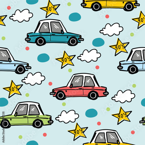 90's blue cars doodle vector set 