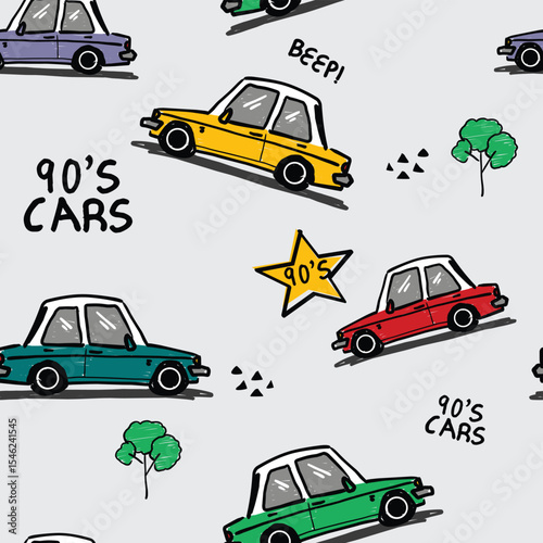 90's cars doodle vector set 