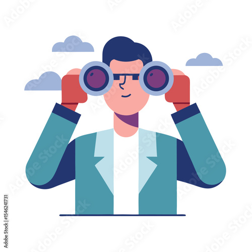 Illustration of a Man with Binoculars Wearing Glasses, Jacket, Shirt, with Clouds in the Sky