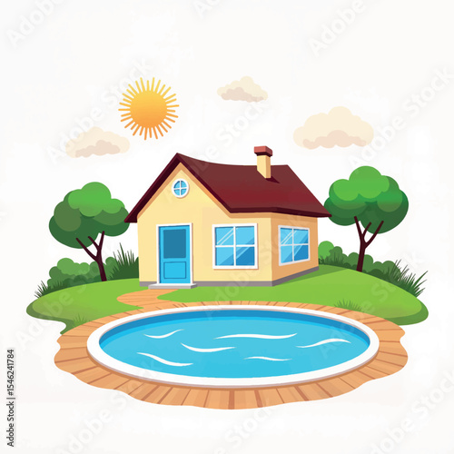 Cheerful home pool installation during summer, outdoor relaxation