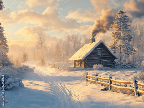 Photorealistic photo of a snowy countryside, cozy cottage with smoke rising from the chimney,