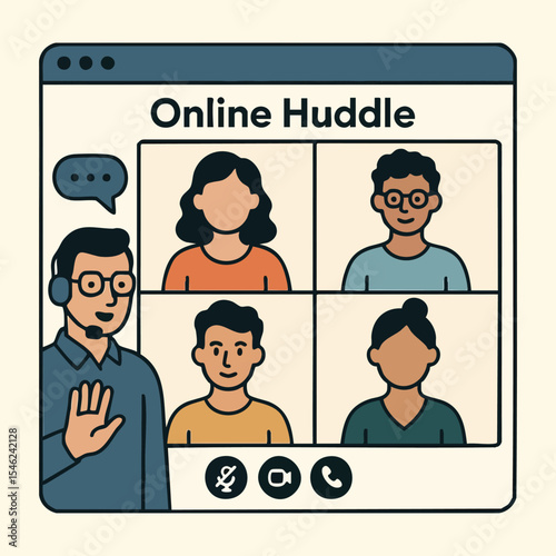Vector Illustration of a Virtual Online Meeting or Team Huddle Interface with Participants on Video Call