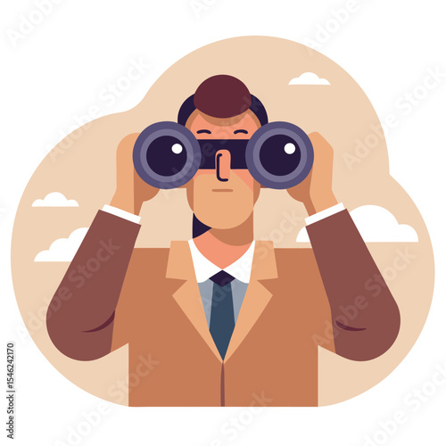 Illustration of Businesswoman Looking Through Binoculars Against a Neutral, Dreamy Background