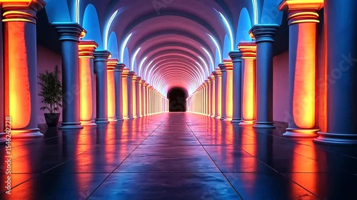Futuristic Neon Corridor with Columns and Reflections offers a modern and captivating atmosphere