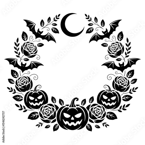 A circular design features spooky elements like jack-o'-lanterns, bats, and a crescent moon, bordered by roses and leaves