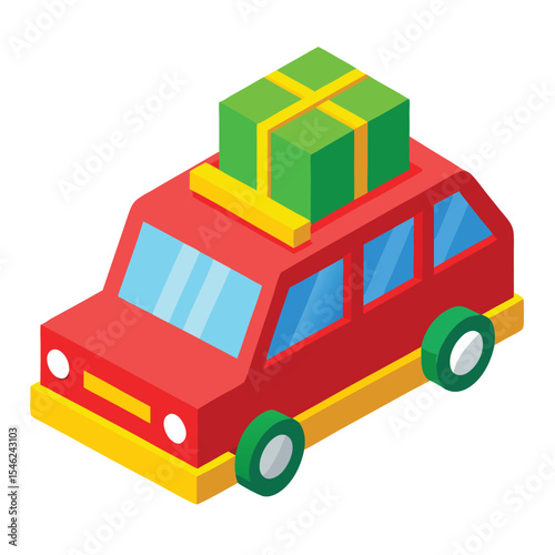 Isometric Red Car with Green Box on Top Illustration of Transportation and Gifts